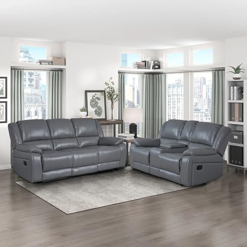 Black Faux Leather Recliner Sofa Set with Console and Cup Holders F273524