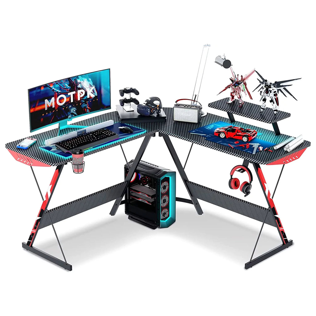 51 inch Black L-Shaped Computer Gaming Desk with Monitor Shelf B842