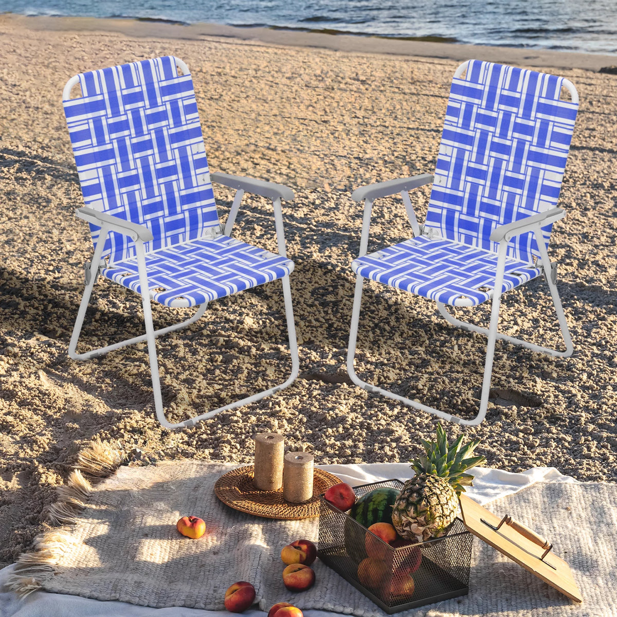 Folding Webbed Beach Chairs Set of 2 with Armrests, Blue D25082
