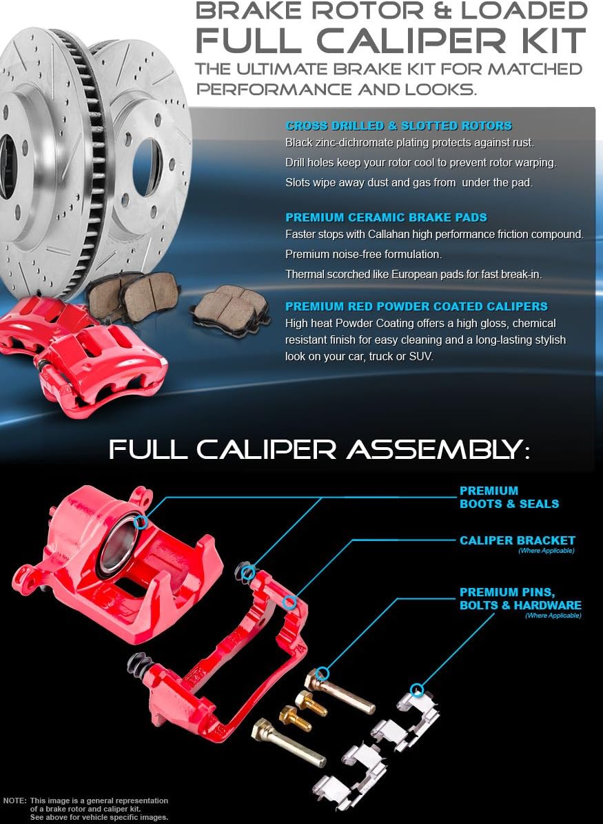 Red Powder Coated Calipers Drilled Slotted Rotors Ceramic Pads W593