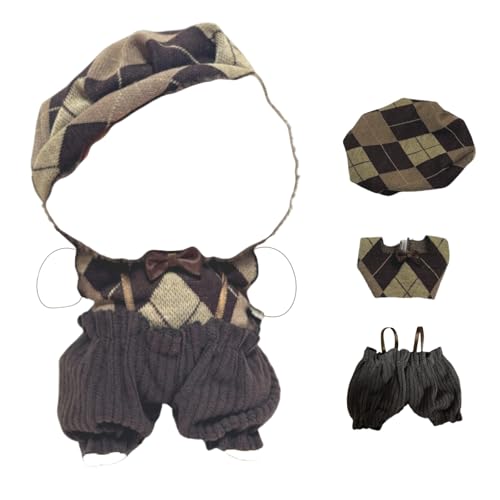 17cm Doll 4-Piece Clothes Set Denim Overall Sun Hat T-Shirt Knitted Flower Brooch E2418
