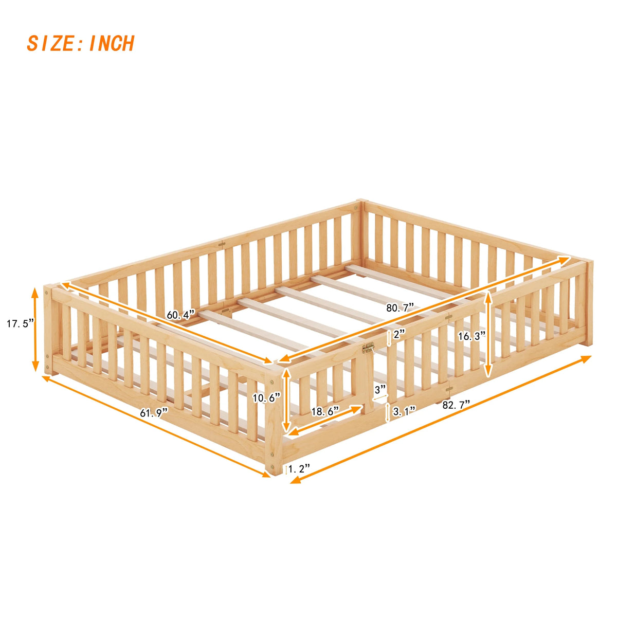 Queen Natural Solid Wood Floor Bed Frame with Slats W794992