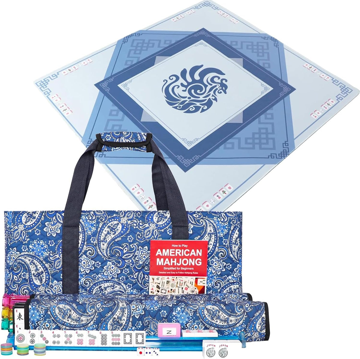 166 Quality White Tiles Mahjong Game Set with Blue Printed Carrying Bag O481