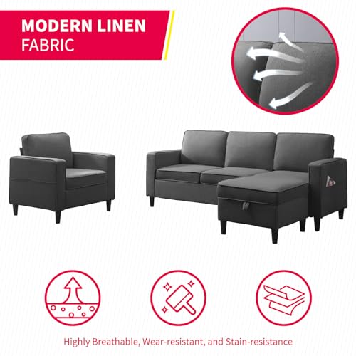 3PCS Linen Upholstered Sofa Set with Side Pockets & Storage Ottoman (Dark Grey) B88294