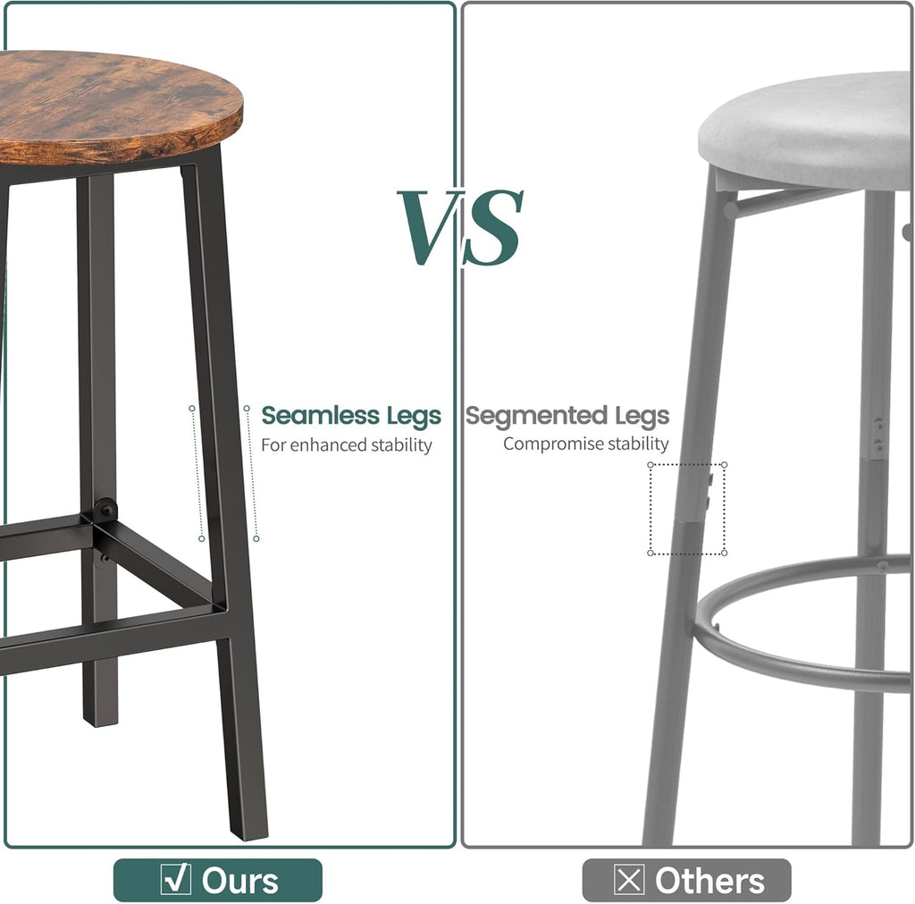 Set of 2 Bar Stools with Footrest, 25.6 Inch Tall, Rustic Brown and Black W332