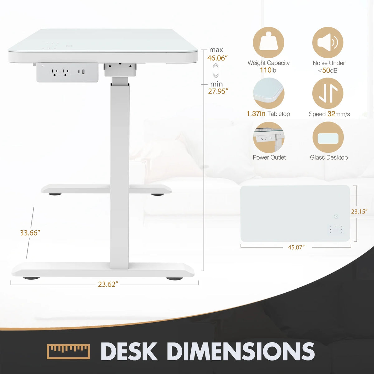 White Electric Glass Standing Desk with Drawers R722