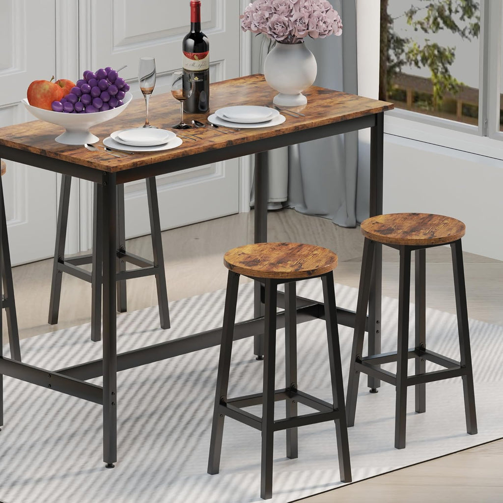 Set of 2 Bar Stools with Footrest, 25.6 Inch Tall, Rustic Brown and Black W332