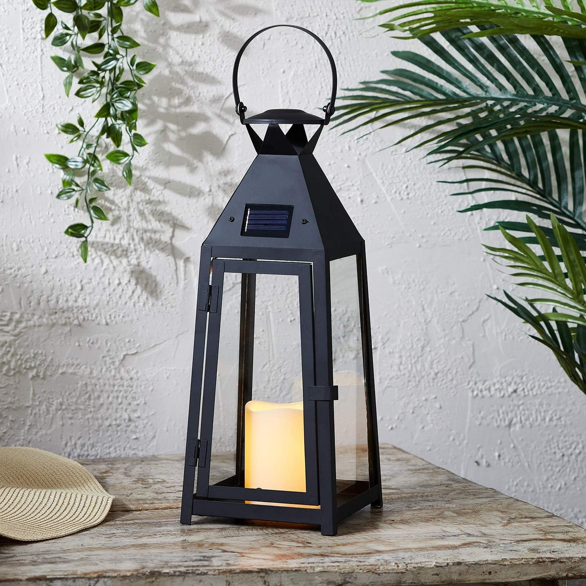 Black Metal Solar Powered LED Outdoor Candle Lantern I6170