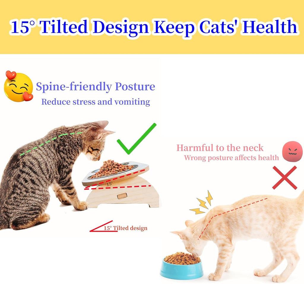 15° Tilted Raised Stainless Steel Cat Bowls with Wood Stand Q274