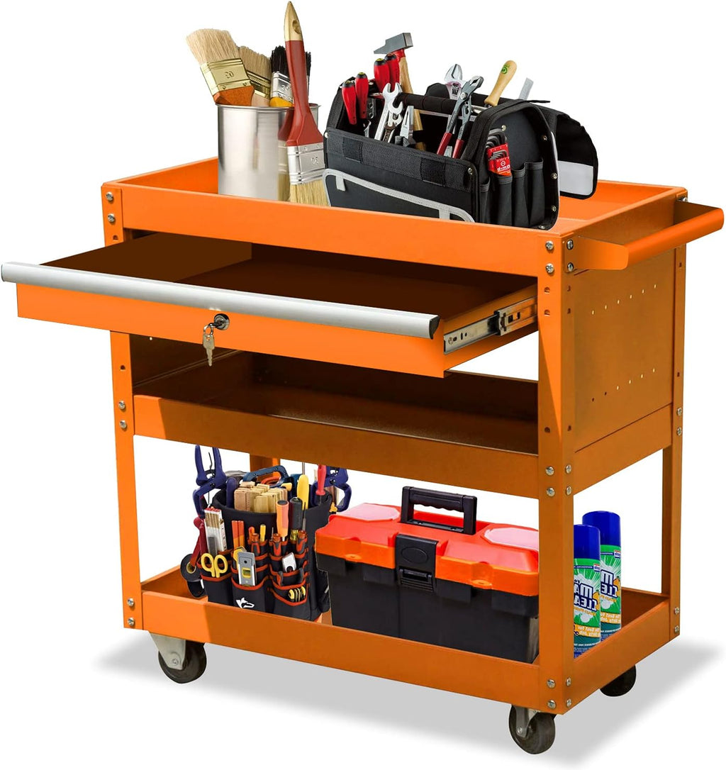 3-Tier Metal Tool Cart with Drawer and Lock S6933