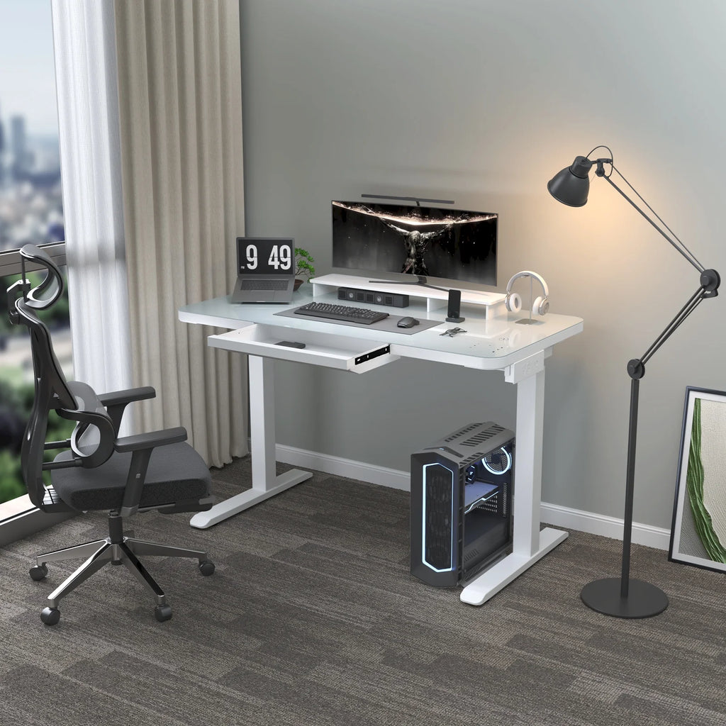 White Electric Glass Standing Desk with Drawers R722