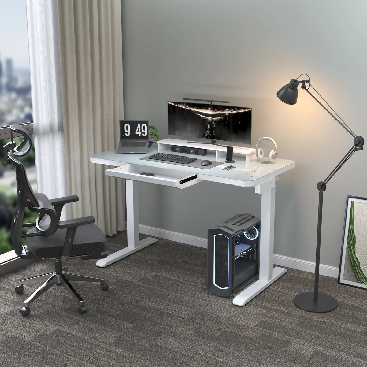 White Electric Glass Standing Desk with Drawers R722