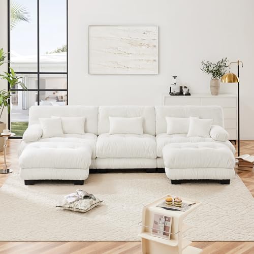 White Oversized Chenille Modular Sectional Sofa with 2 Ottomans V8213
