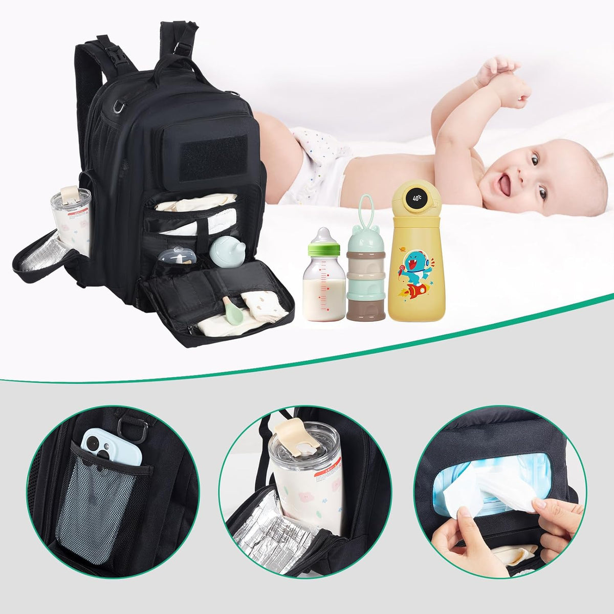 Black Expandable Military Diaper Bag Backpack with Changing Pad K591