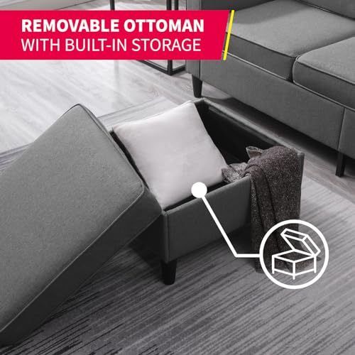 3PCS Linen Upholstered Sofa Set with Side Pockets & Storage Ottoman (Dark Grey) B88294
