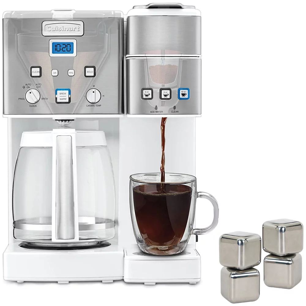 12-Cup Coffeemaker and Single-Serve Brewer, White Bundle with 4 Pack Reusable Stainless Steel Ice Cubes M67582
