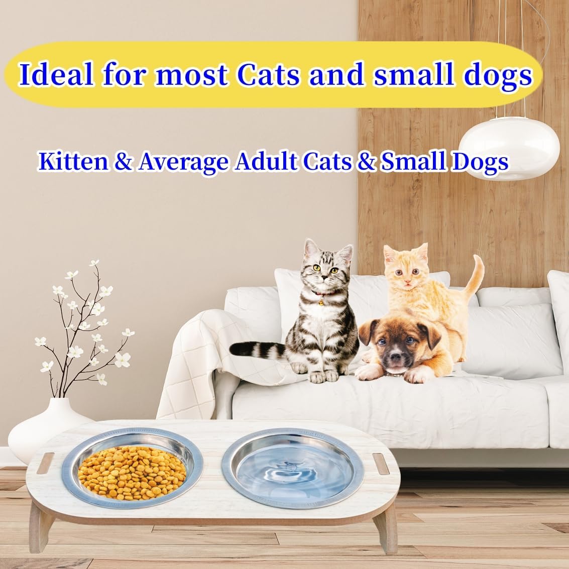 15° Tilted Raised Stainless Steel Cat Bowls with Wood Stand Q274