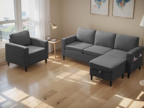 3PCS Linen Upholstered Sofa Set with Side Pockets & Storage Ottoman (Dark Grey) B88294