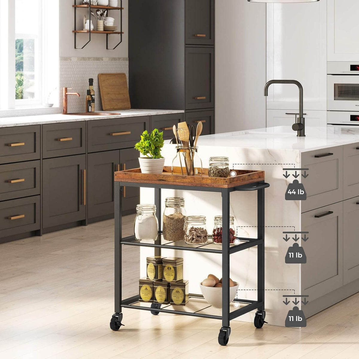 Wooden Storage Cart with Rolling Wheels and 3 Shelves U17890