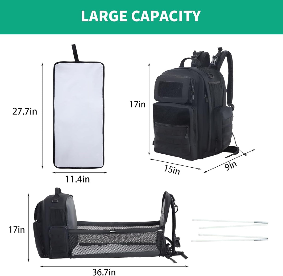 Black Expandable Military Diaper Bag Backpack with Changing Pad K591