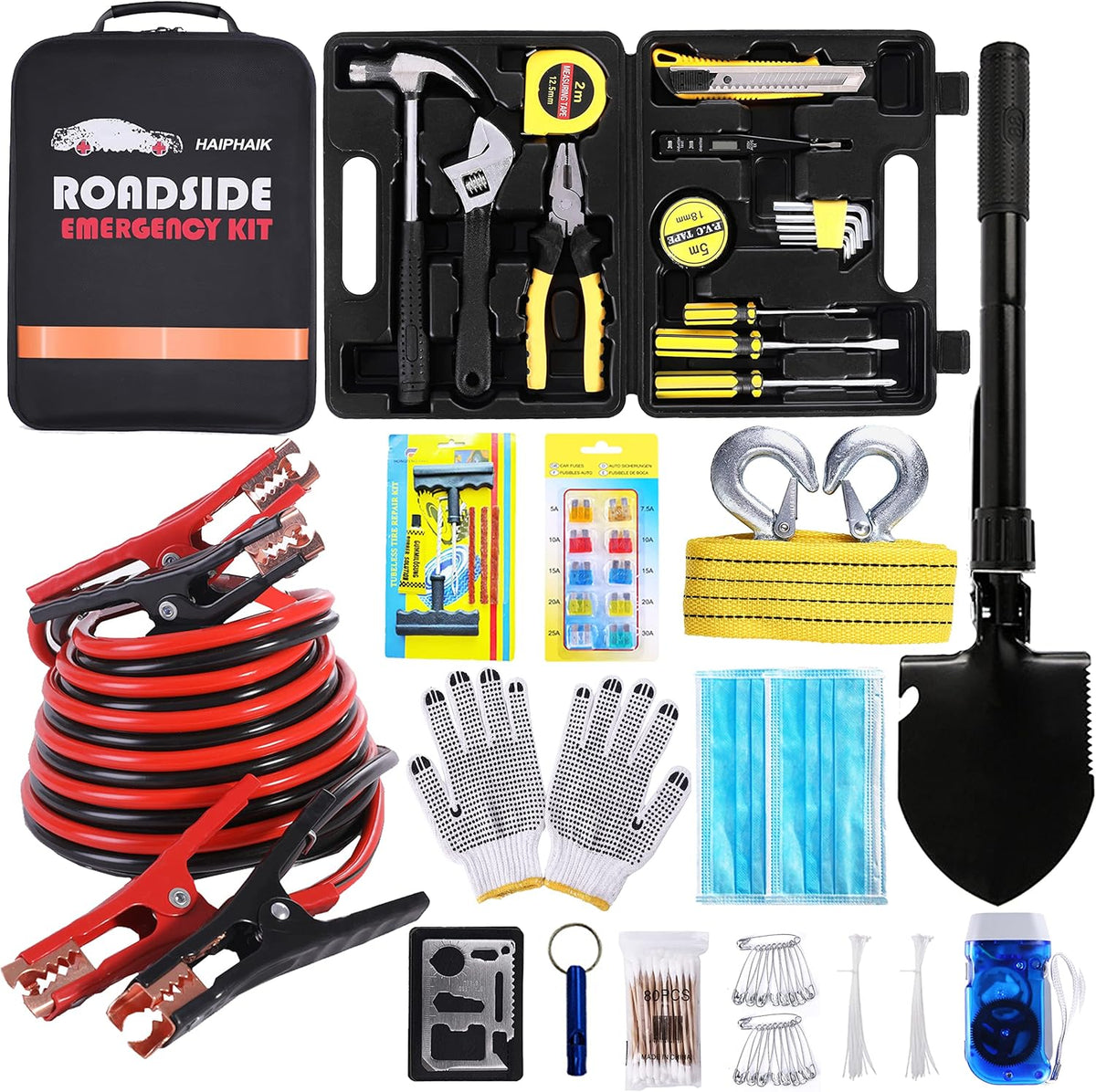 124 Pcs Emergency Car Kit with Jumper Cables 11.8 Foot and Folding Survival Shovel Z52304