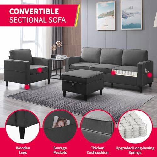 3PCS Linen Upholstered Sofa Set with Side Pockets & Storage Ottoman (Dark Grey) B88294
