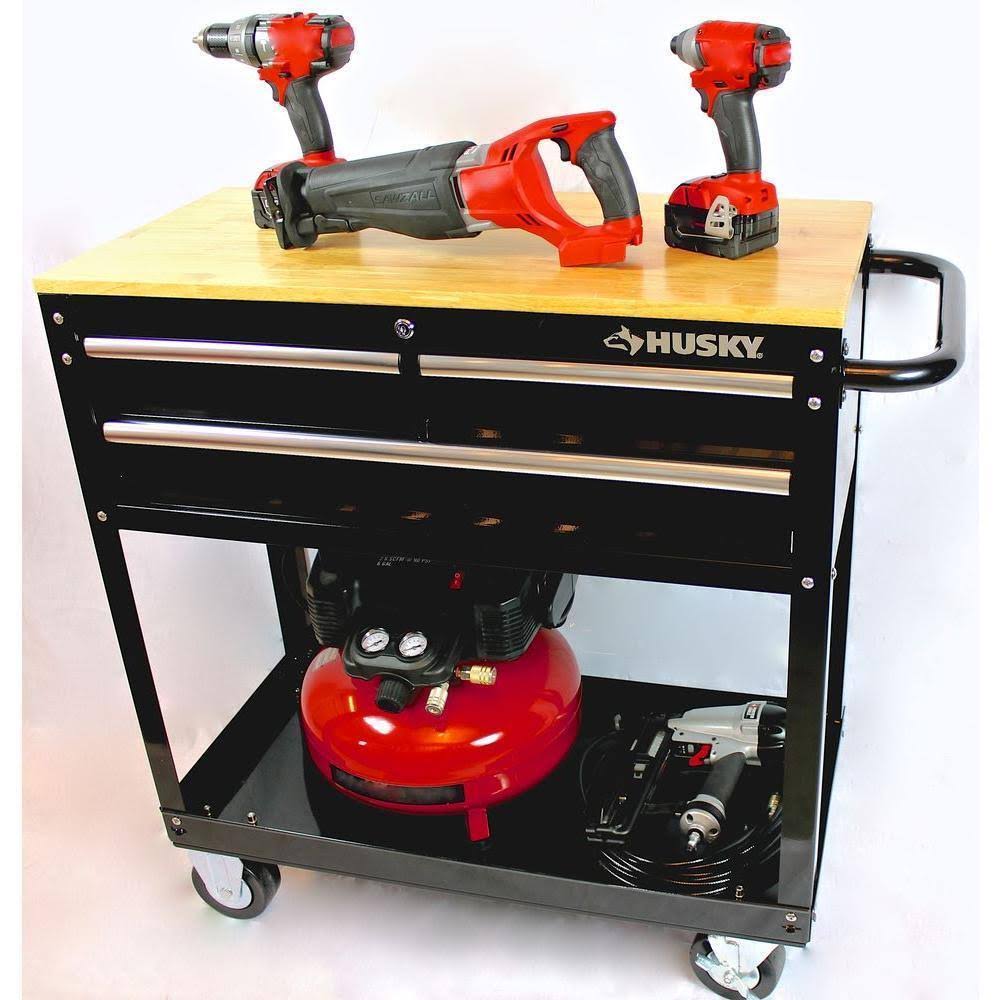36 in. 3-Drawer Rolling Tool Cabinet Cart with Wood Top Black D34004
