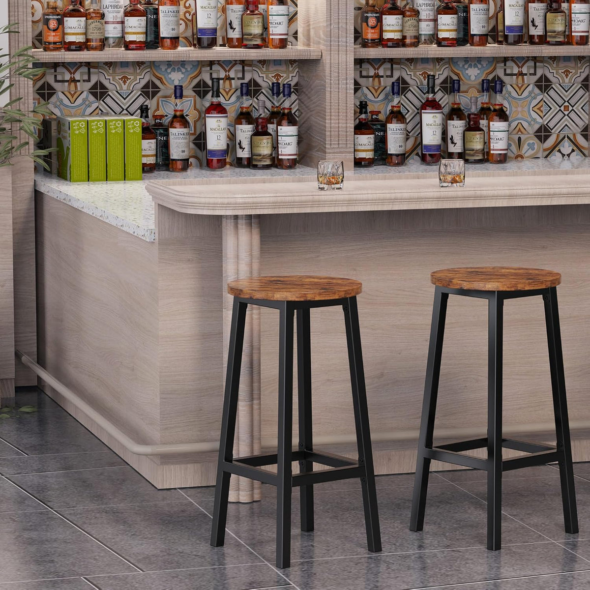 Set of 2 Bar Stools with Footrest, 25.6 Inch Tall, Rustic Brown and Black W332