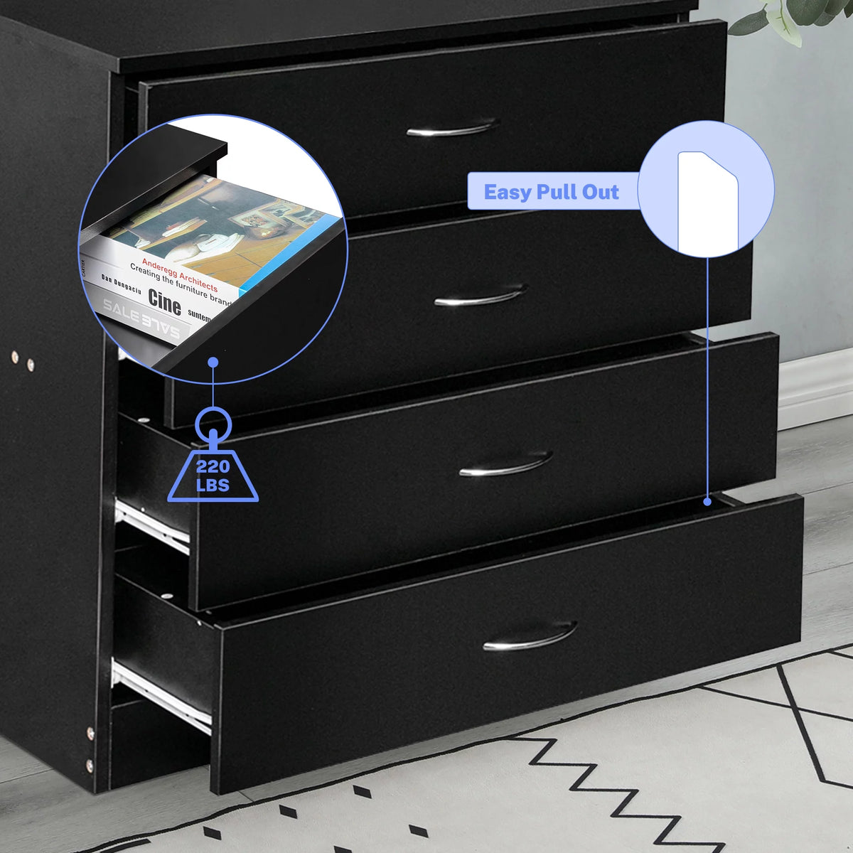 Black 4 Drawer Wood Dresser B741