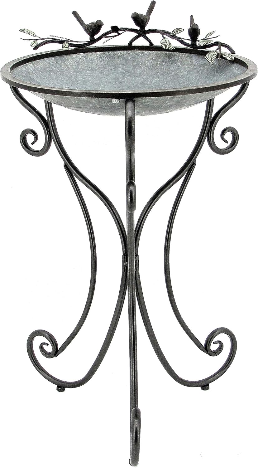 Galvanized Birdbath with Cast Iron Bird Accents D25136