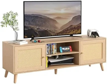 Oak TV Stand with Rattan Cabinet and Solid Wood Leg P1635