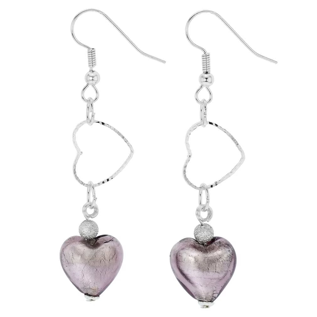 Purple Murano Glass Wedding Heart Earrings V358