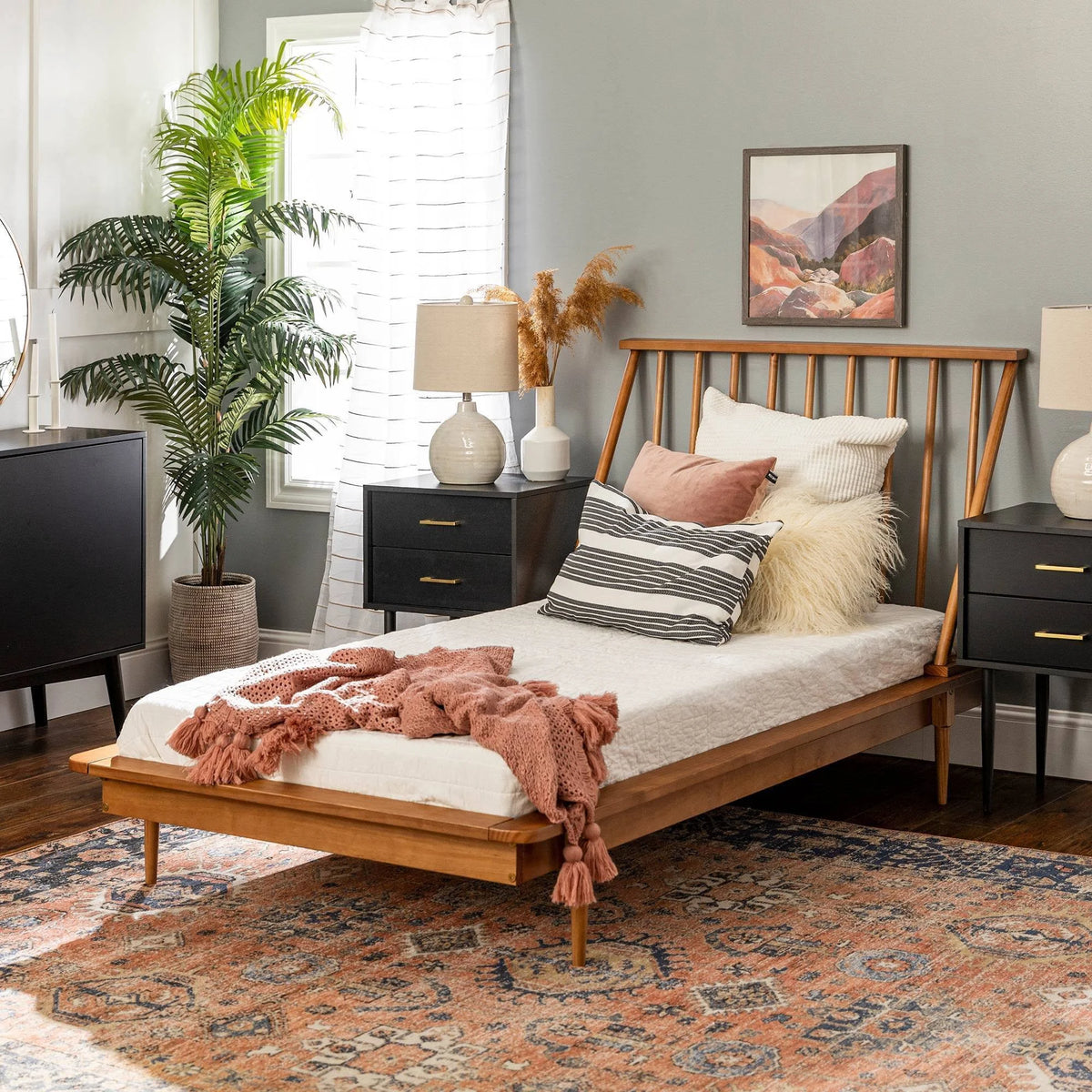 Twin Solid Wood Spindle Bed Caramel A40131