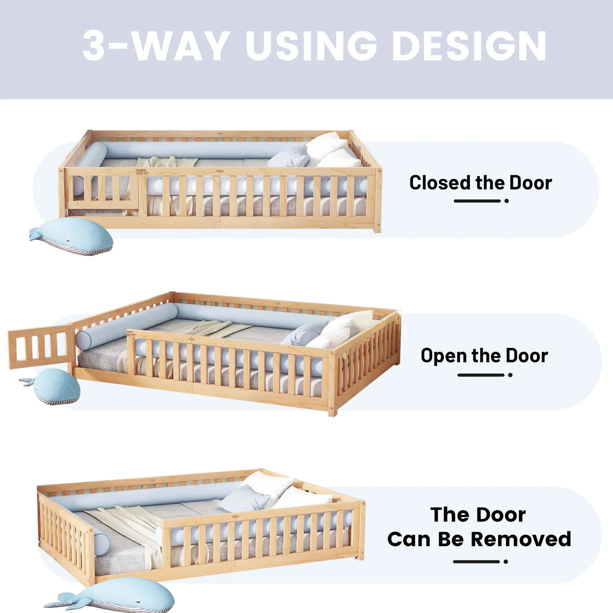 Queen Natural Solid Wood Floor Bed Frame with Slats W794992