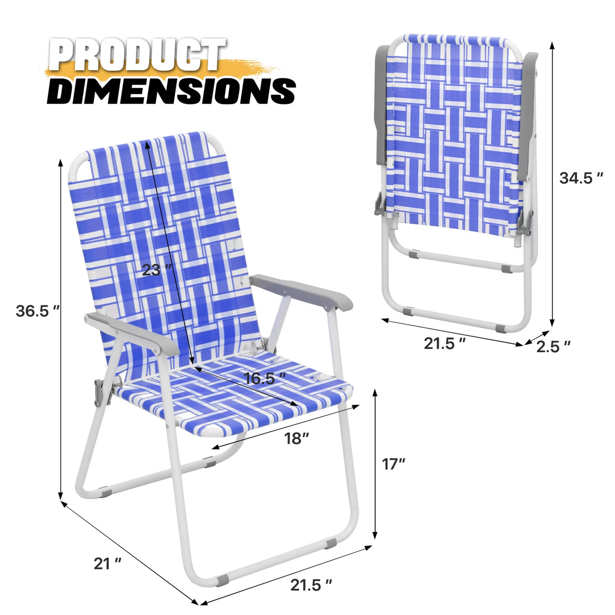 Folding Webbed Beach Chairs Set of 2 with Armrests, Blue D25082