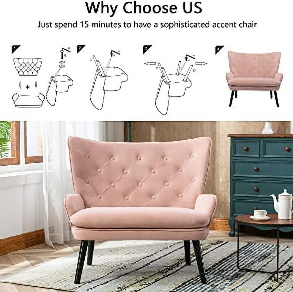 Pink Velvet Tufted Wingback Accent Chair with Solid Wood Legs B900
