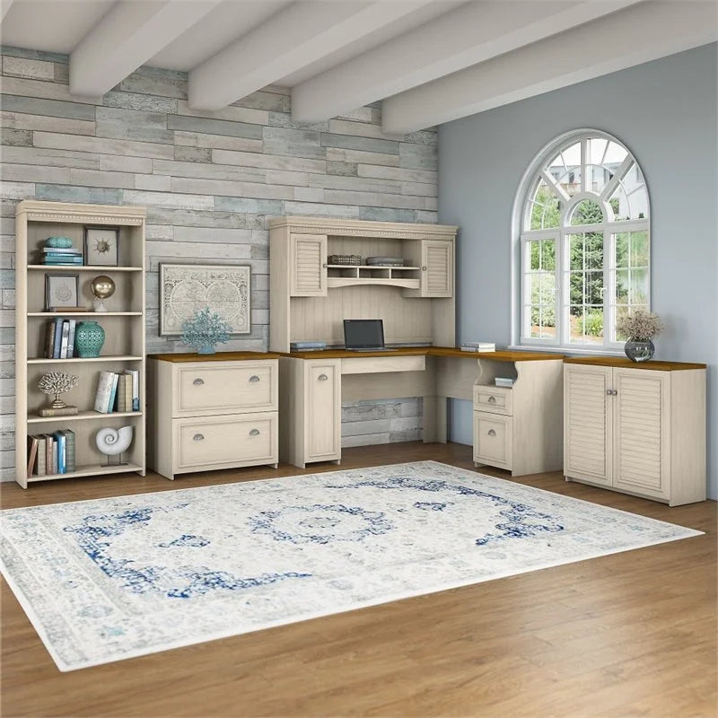 Antique White 5 Pc Engineered Wood Desk with Storage P80446