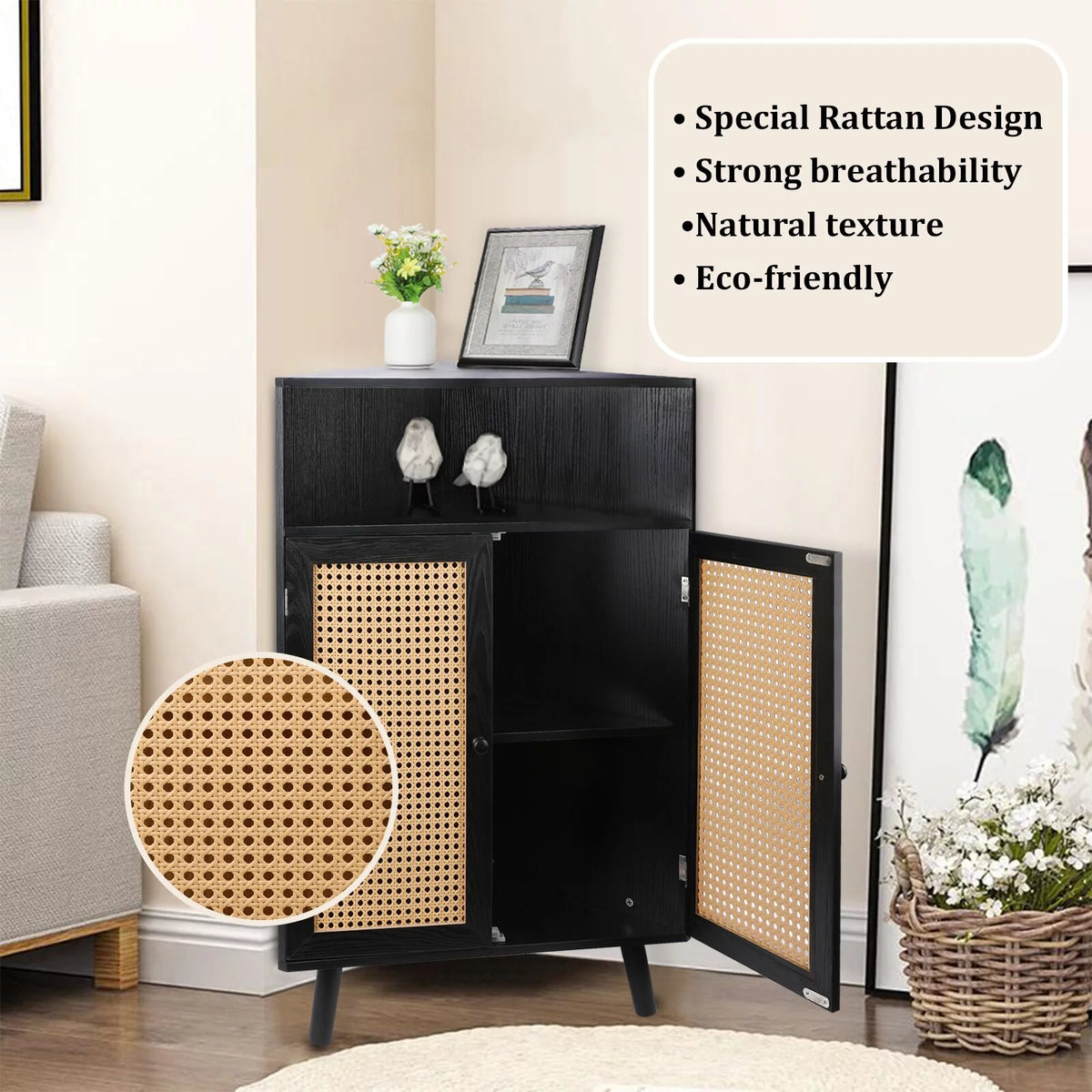 35" Tall Black Rattan Corner Storage Cabinet with Doors Q671