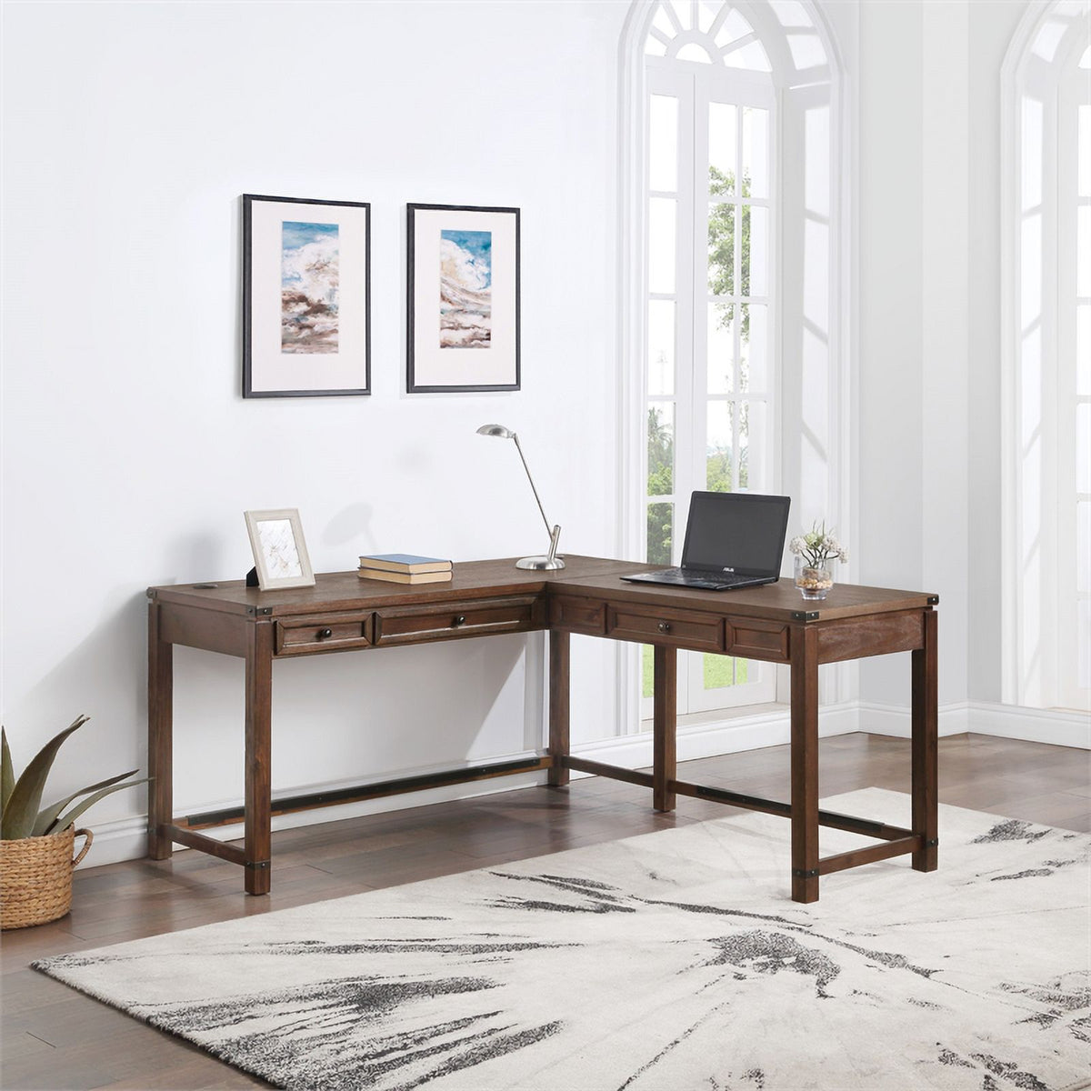 Brushed Walnut Engineered Wood Sit-to-Stand L-Desk Y525765