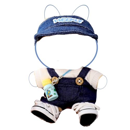 17cm Doll 4-Piece Clothes Set Denim Overall Sun Hat T-Shirt Knitted Flower Brooch E2418