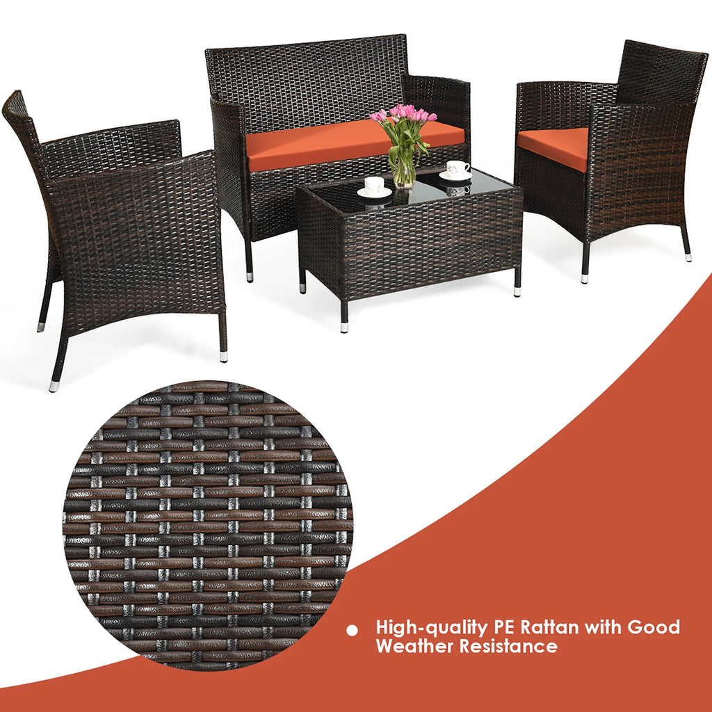 4 Pc Patio Rattan Conversation Furniture Set with Orange Cushion W150