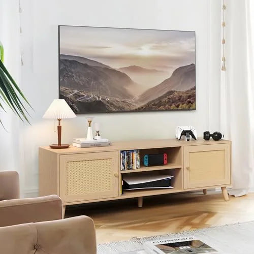 Oak TV Stand with Rattan Cabinet and Solid Wood Leg P1635