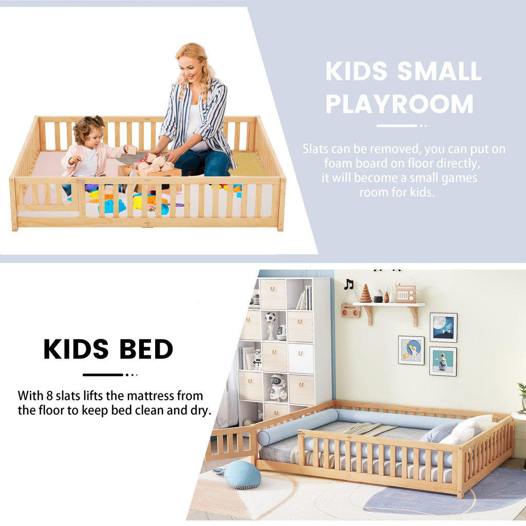 Queen Natural Solid Wood Floor Bed Frame with Slats W794992