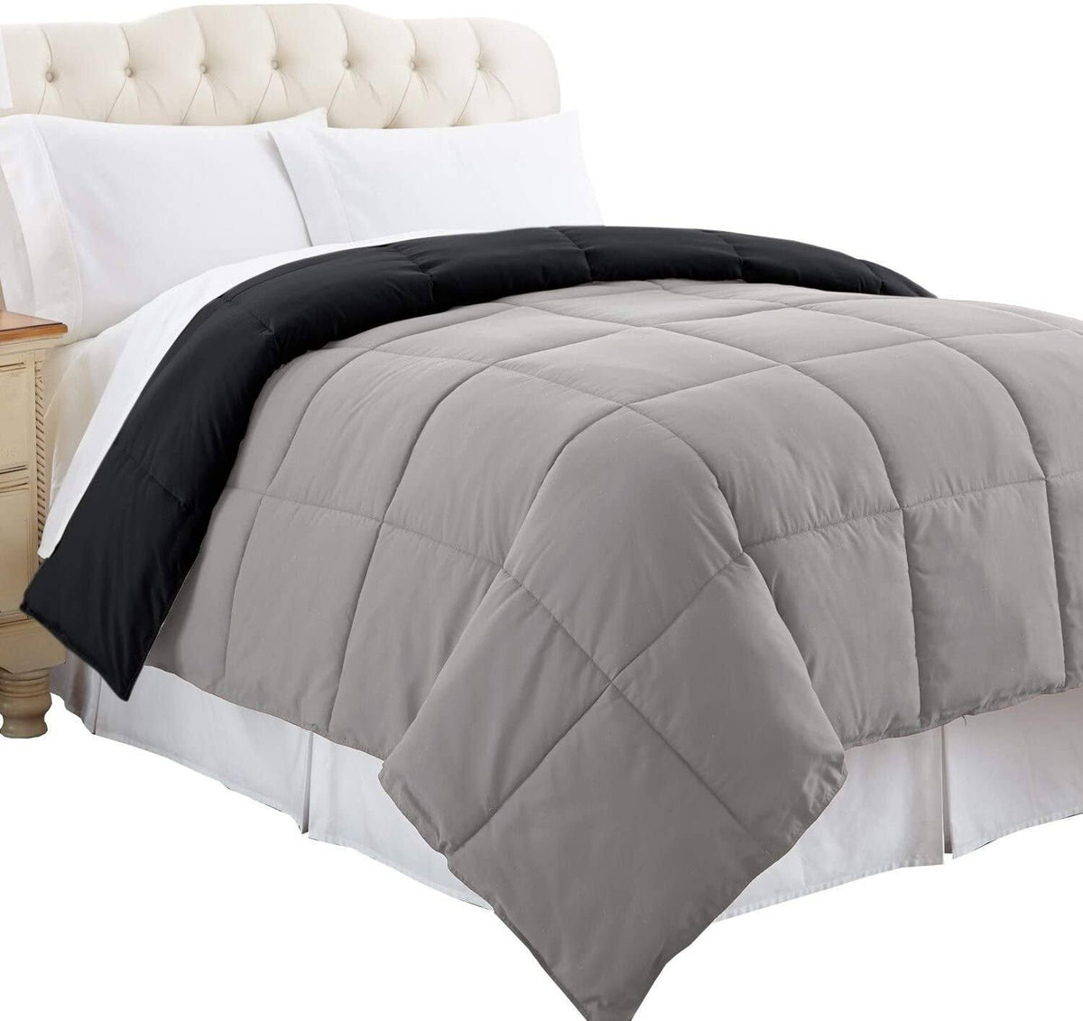 Twin Size Box Quilted Comforter Black Silver Microfiber V829907