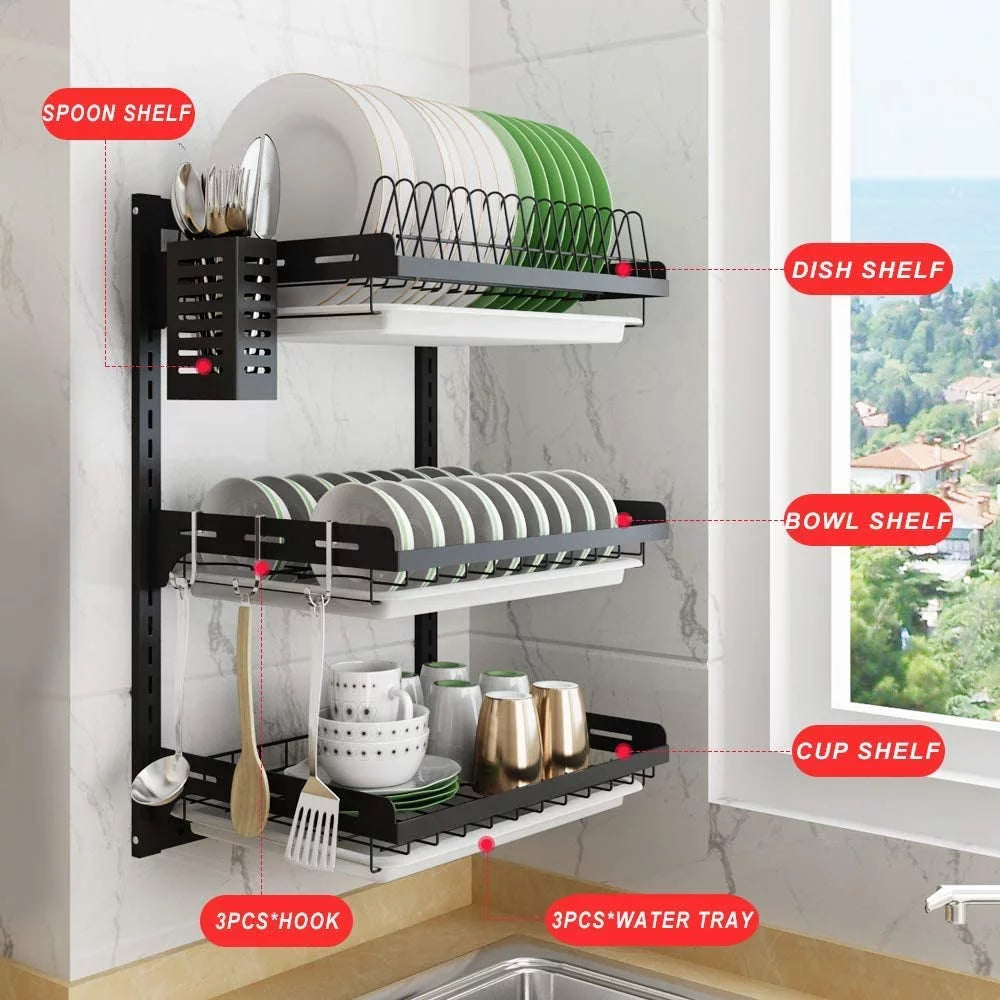 Black Stainless Steel 3 Tier Dish Drying Rack with Drainboard C3264