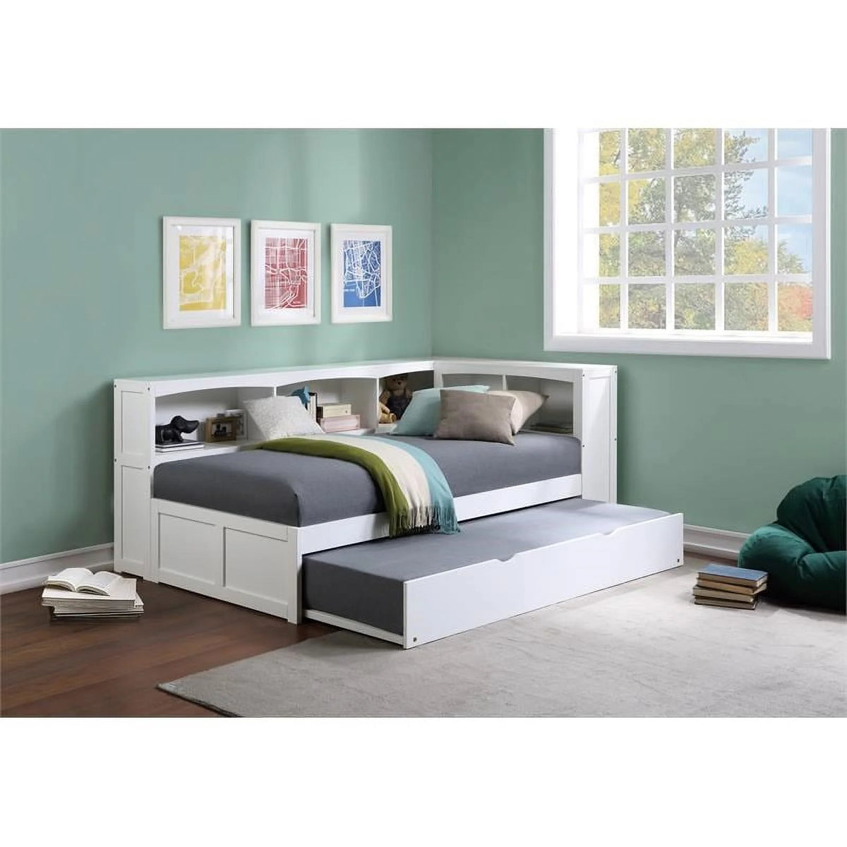 White 5-Shelf Wood Twin Corner Bed E29889