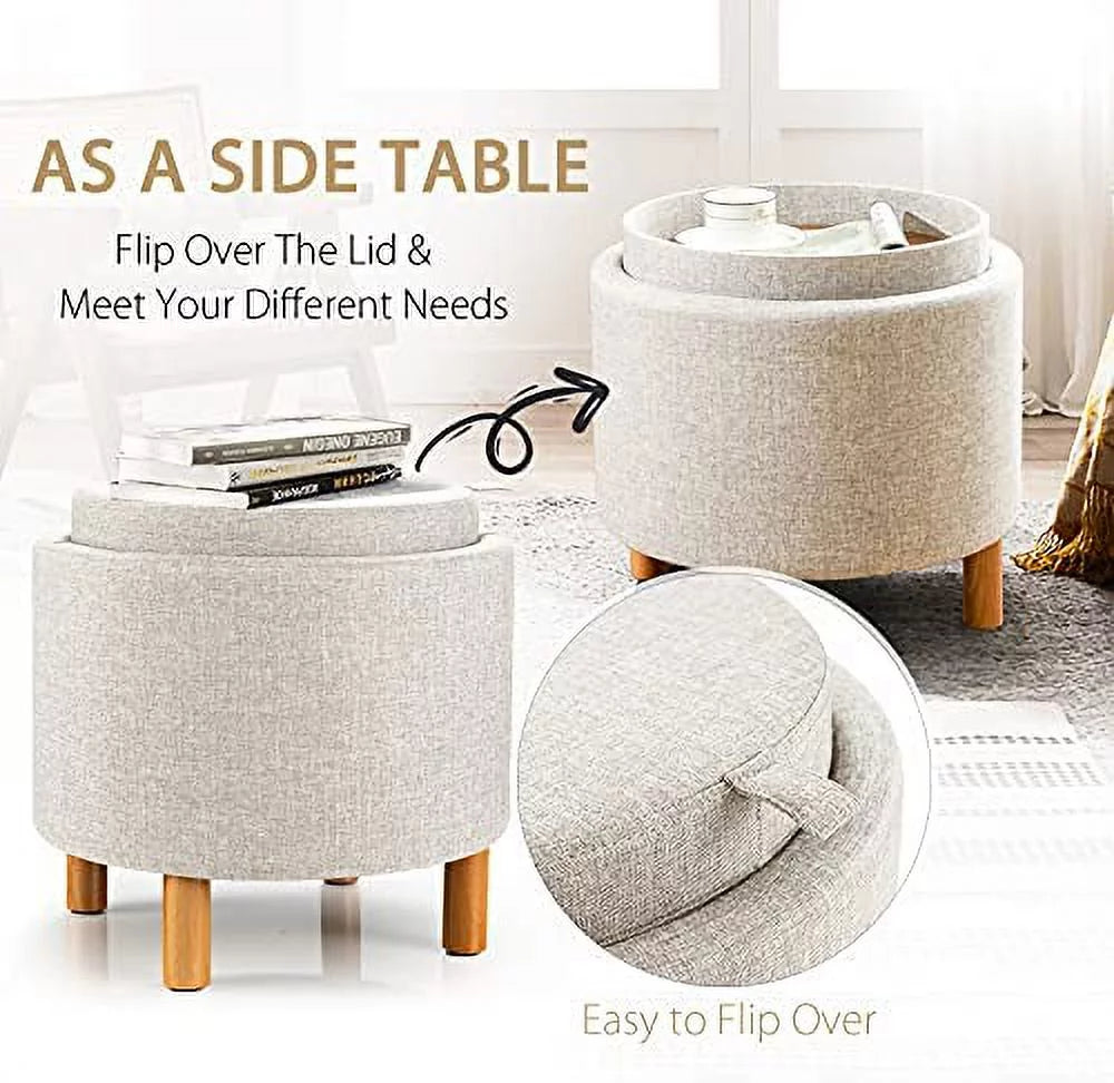Beige Round Storage Ottoman with Tray Z80088
