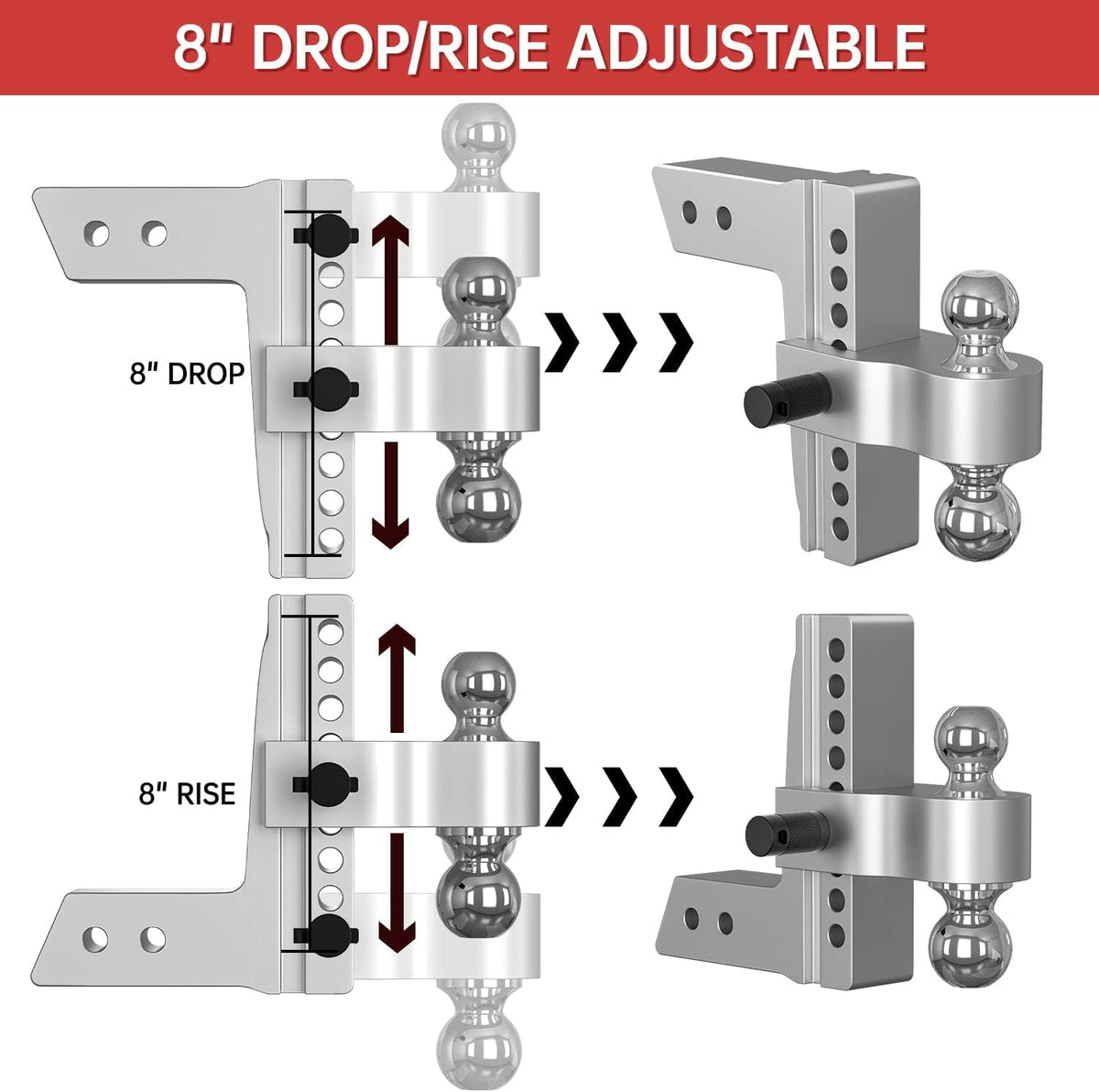 Adjustable Trailer Hitch Ball Mount, 8 Inch Drop, 2.5 Inch Receiver, 18,500 LBS GTW, Forged Aluminum Shank, Dual Balls V1347