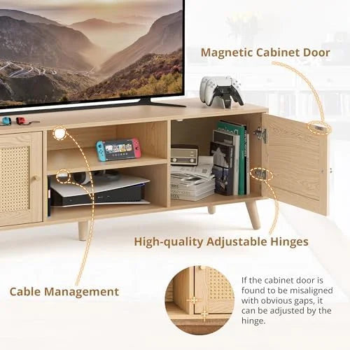 Oak TV Stand with Rattan Cabinet and Solid Wood Leg P1635