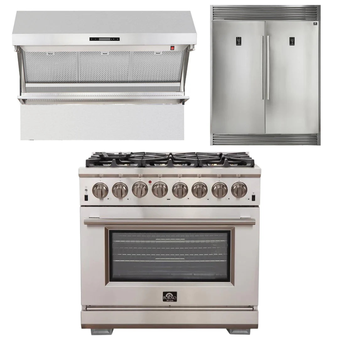 36 Inch Gas Range, Wall Mount Range Hood, Refrigerator Q5056